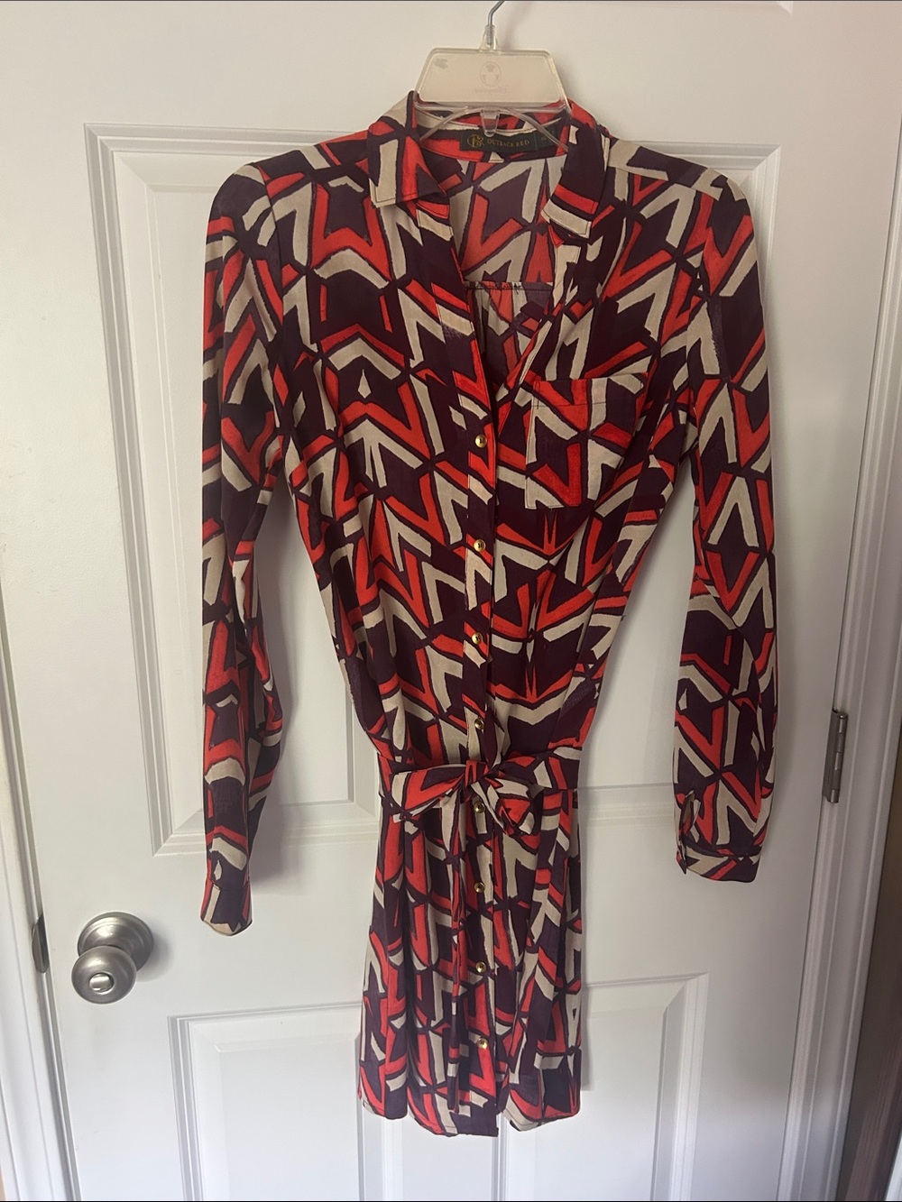 Outback Red Geometric Long-Sleeve Shirt Dress in Red and Cream